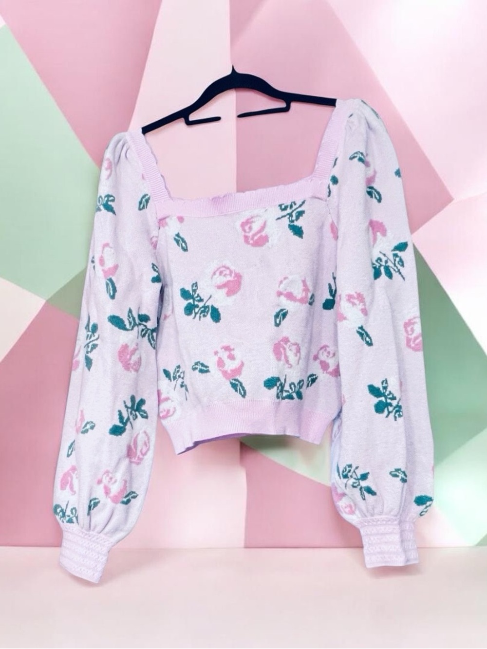 NWT Pink Rose Floral Puff Sleeve Square Neck Cropped Sweater Coquette